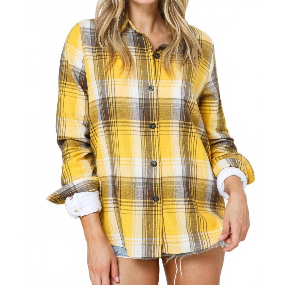 NEW BLUE B perfectly plaid button-up shirt in mustard